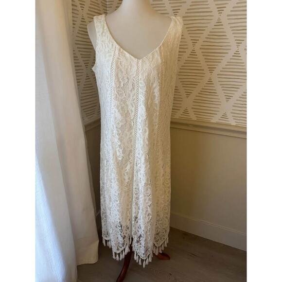 Neiman Marcus Women’s Size 14 Off White Lace Fringe Tassel Dress - Picture 1 of 8